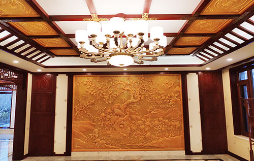 秀峰中式别墅客厅中式木作横梁吊顶装饰展示